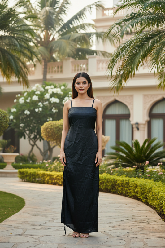Black Side Knot Slip Satin Dress