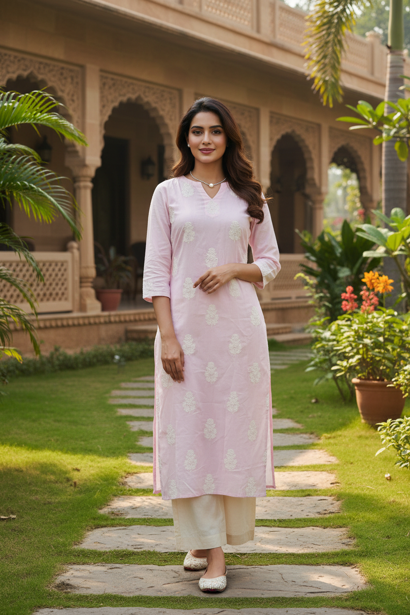 Pink Floral Embroidered Kurta