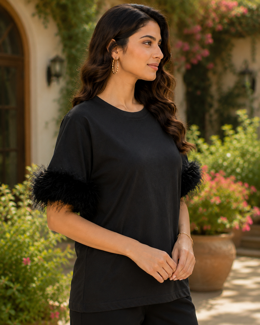 Black Feather Sleeves Top