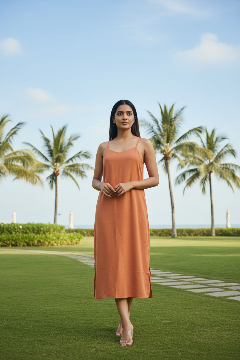 Rust Side Slit Slip Dress