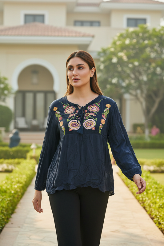 Blue Thread Work Full Sleeves Top