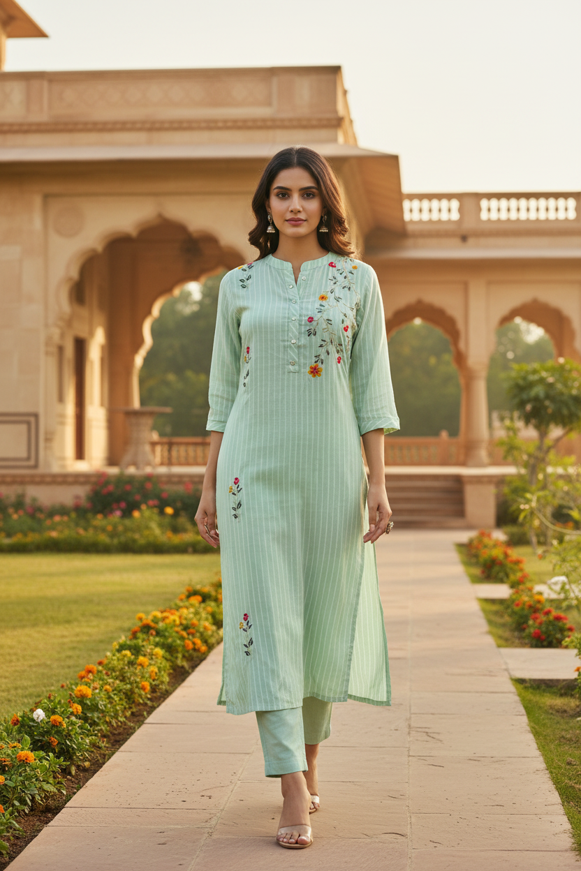 Sea Green Embroidered Kurta