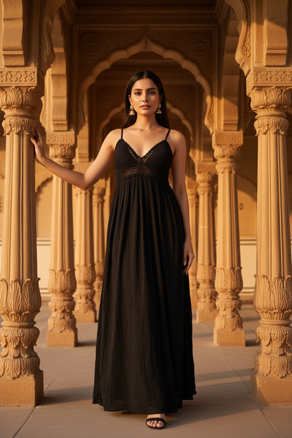 Black Schiffli Work Long Dress
