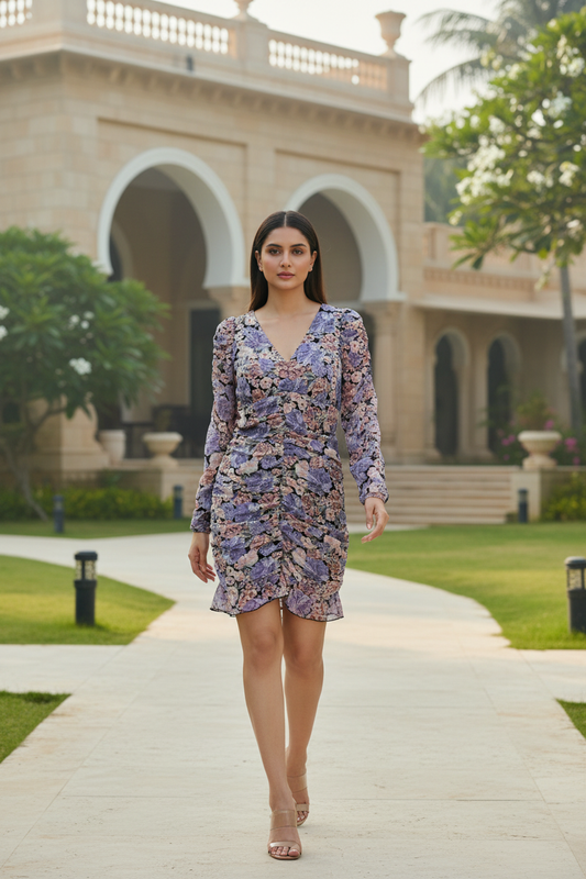 Floral Full Sleeves Short Dress