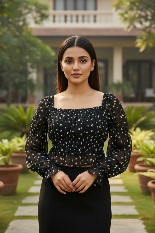 Net Floral Full Sleeves Top