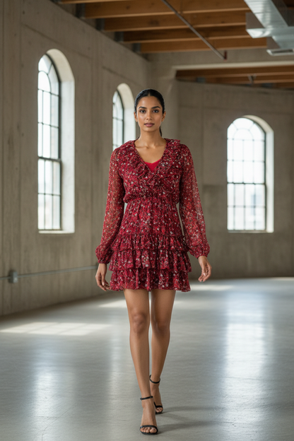 Red Printed Frill Short Dress