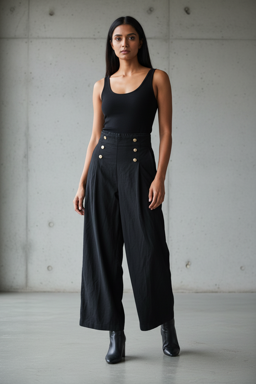 Black Front Buttoned Pants