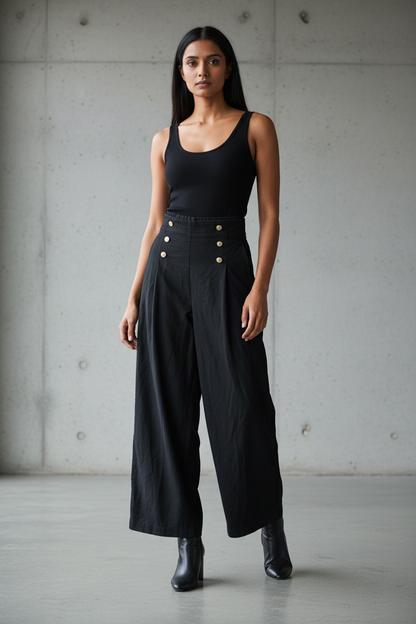 Black Front Buttoned Pants
