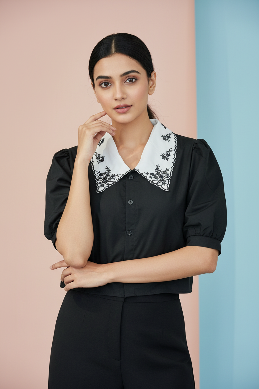 Black Collar Work Short Top