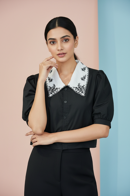 Black Collar Work Short Top