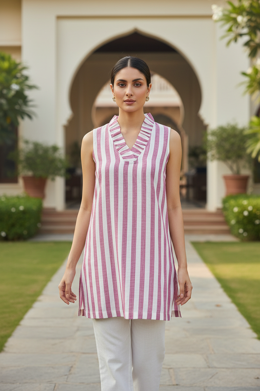 Pink Striped Short Kurti