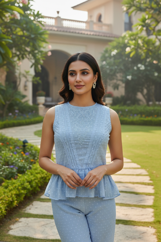 Blue Embroidered Peplum Top