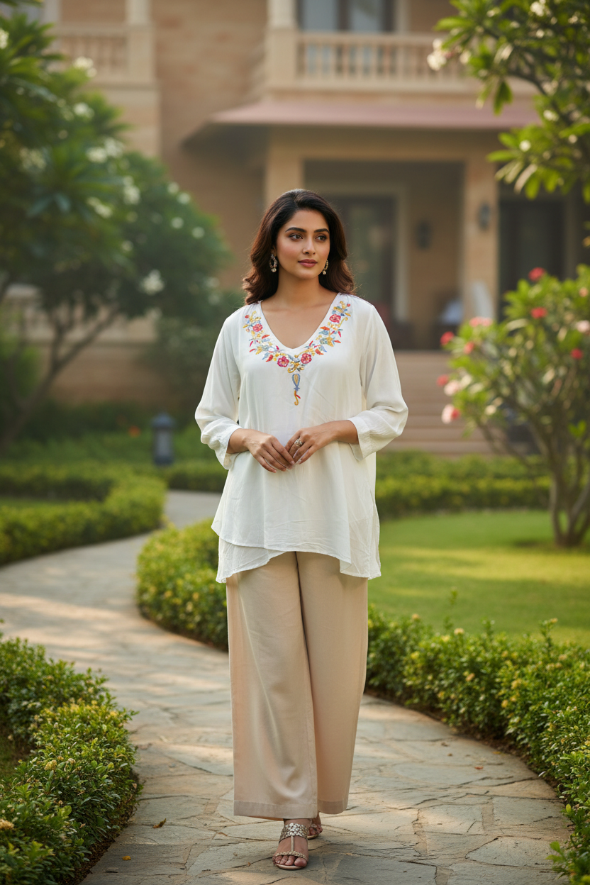 White Floral Embroidered Long Top