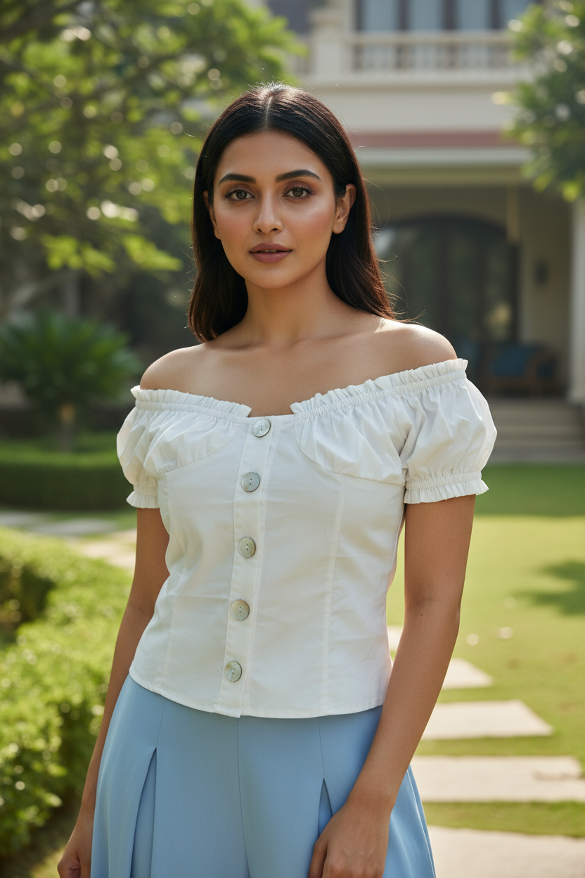 White Off Shoulder Buttoned Top