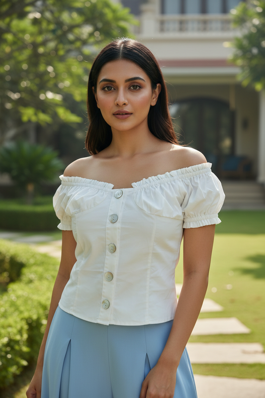 White Off Shoulder Buttoned Top