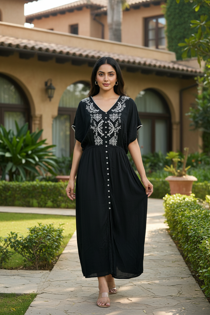 Black Thread Work Maxi Dress