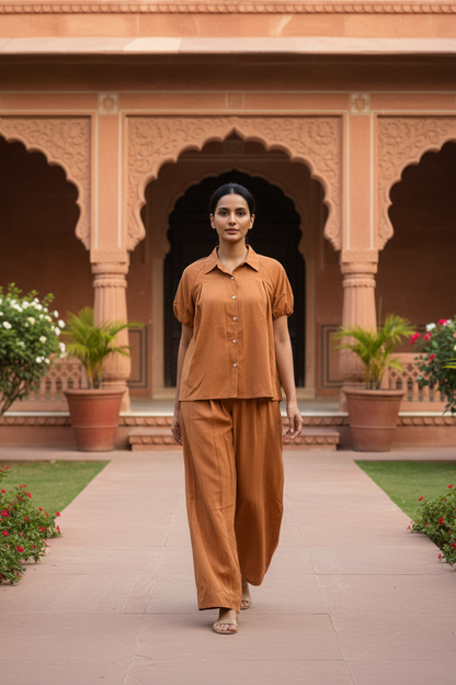 Tan Balloon Sleeves Co ord Set