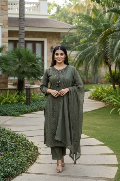 Mahima Olive Schiffli Work Suit Set