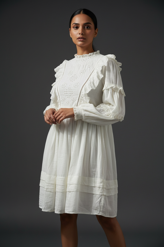 White Schiffli Short Dress