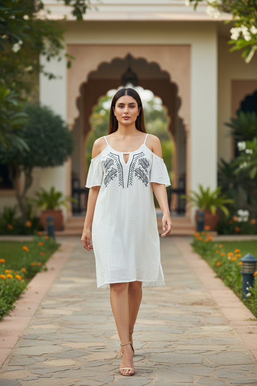 White Thread Work Off Shoulder Dress