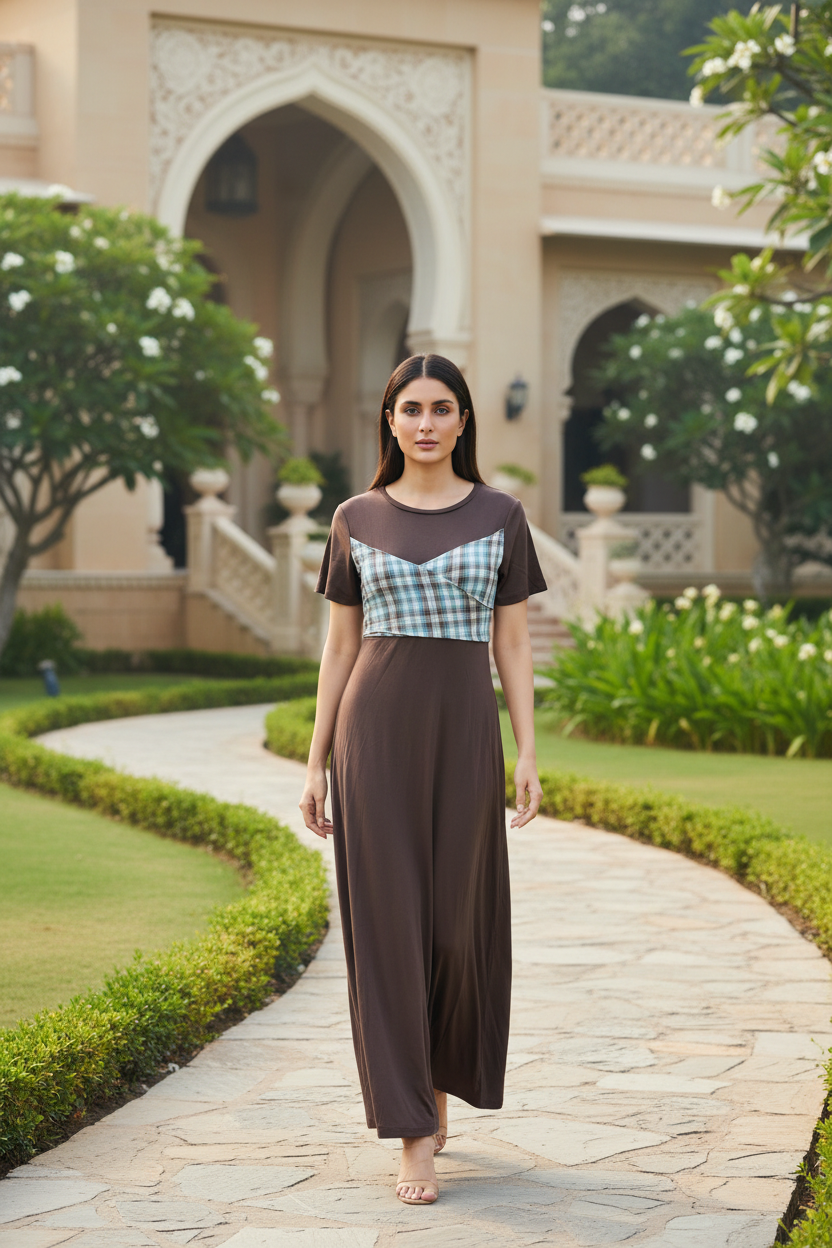 Check Detailing Long Brown Dress