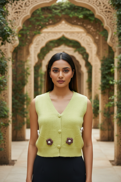 Green Floral Detailing Half Sweater