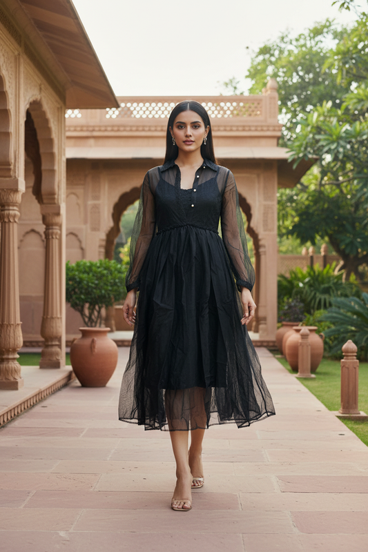 Black Net Long Dress with Inner