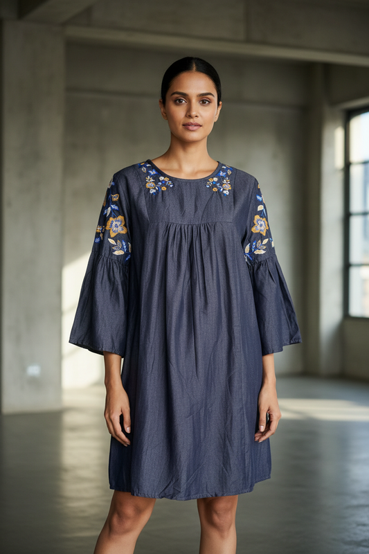 Embroidered Denim Short Dress