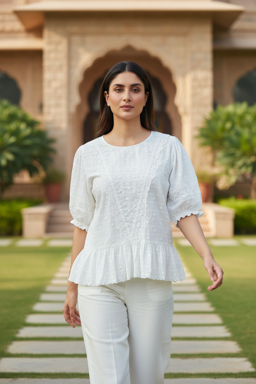 White Schiffli Work Top