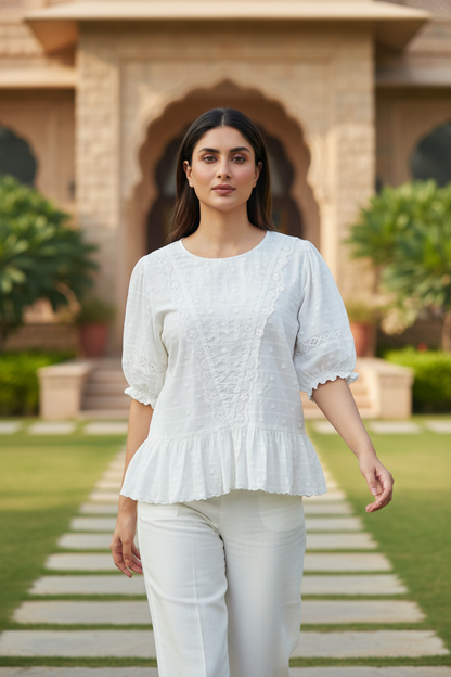 White Schiffli Work Top
