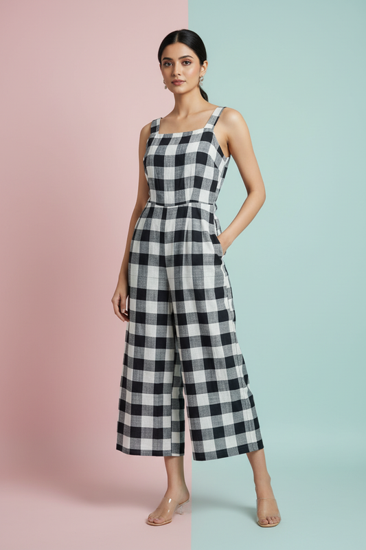 Check Cut Sleeves Jumpsuit
