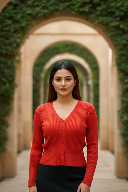 Red Front Buttoned Knitted Top