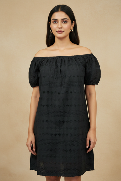 Black Schiffli Off Shoulder Dress