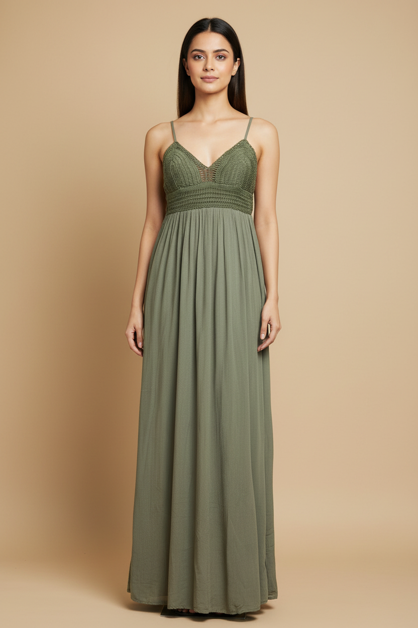 Green Schiffli Work Long Slip Dress