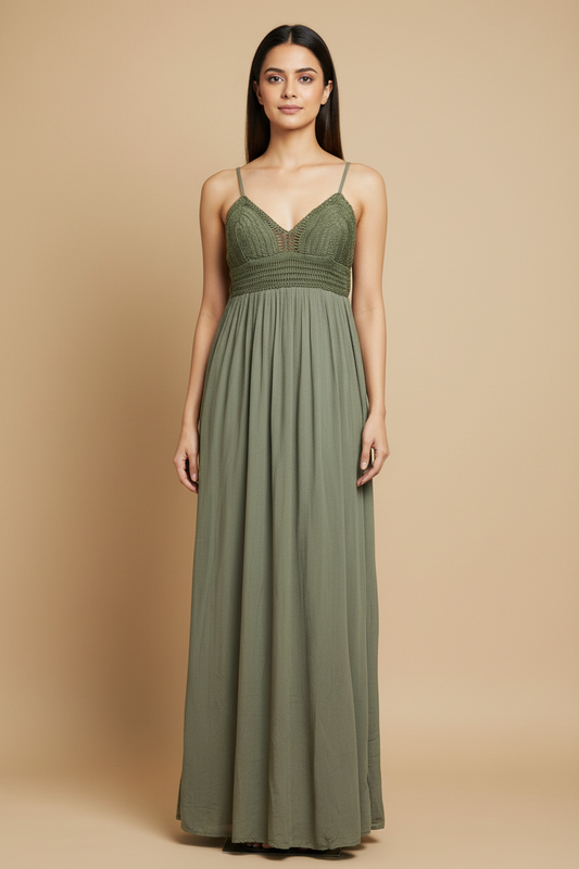 Green Schiffli Work Long Slip Dress