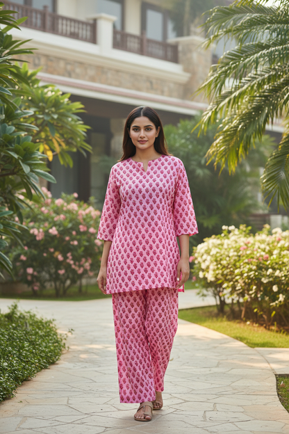 Pink Printed Short Kurta Set