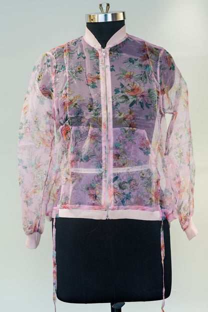 Floral Print Net Zipper Top