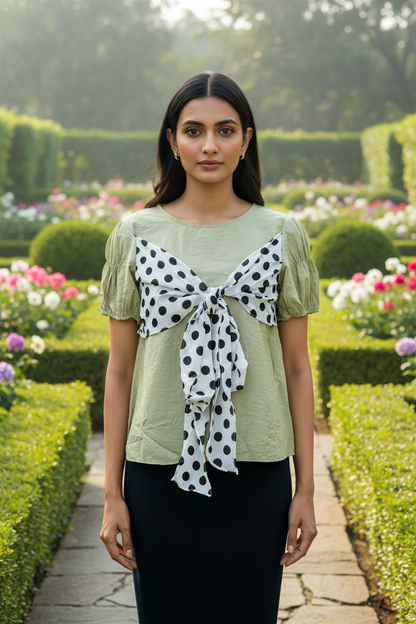Green Front Polka Dot Bow Top