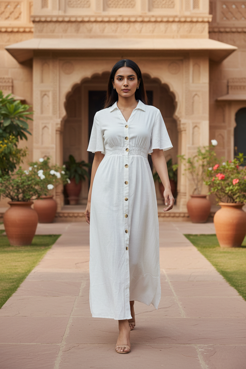 White Front Buttoned Long Dress