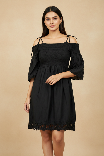 Black Off Shoulder Frill Dress
