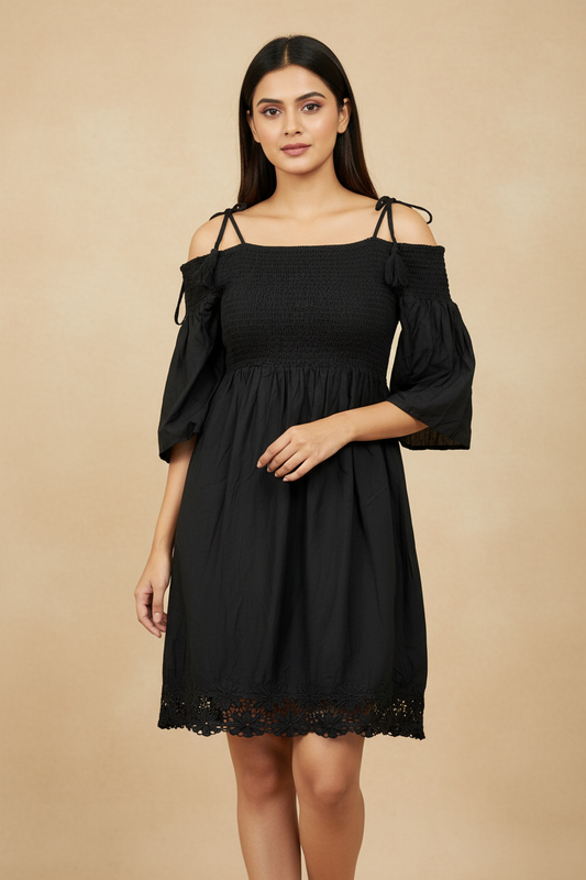 Black Off Shoulder Frill Dress
