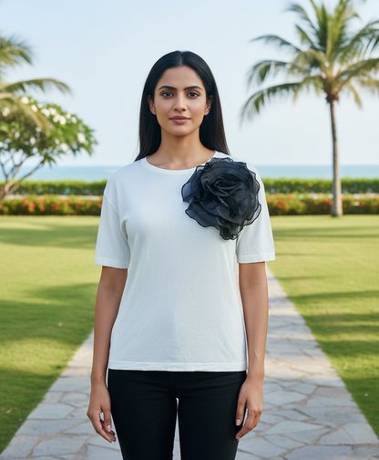White Tshirt with Organza Flower Detailing