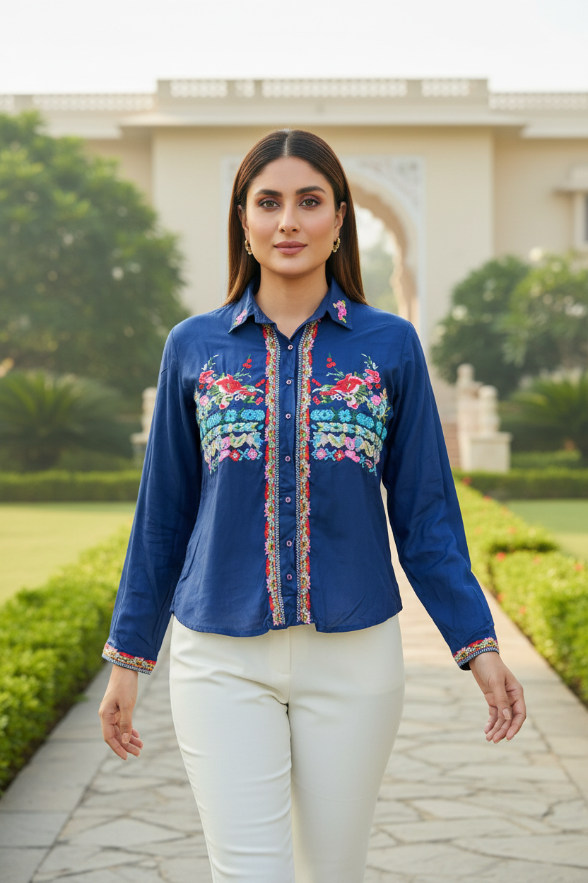 Blue Thread Embroidered Shirt