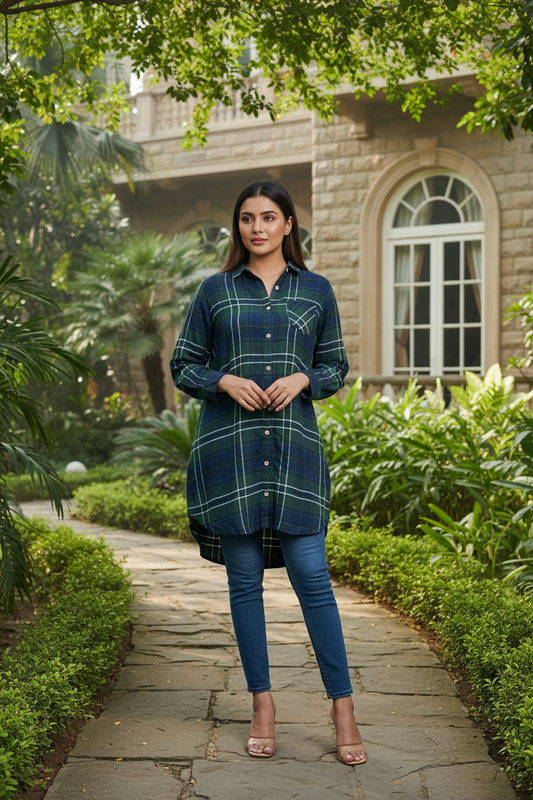 Green Long Check Printed Shirt