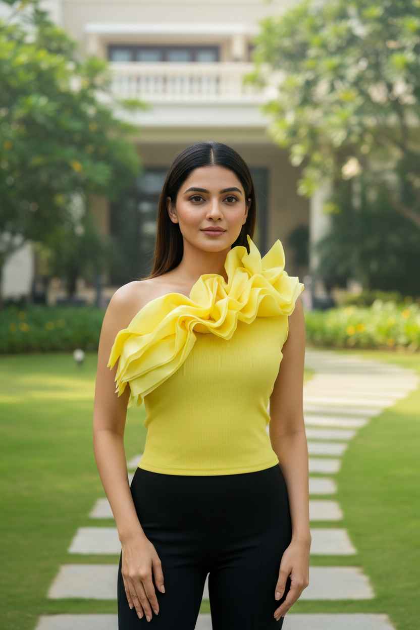 Yellow One Shoulder Ruffle Top