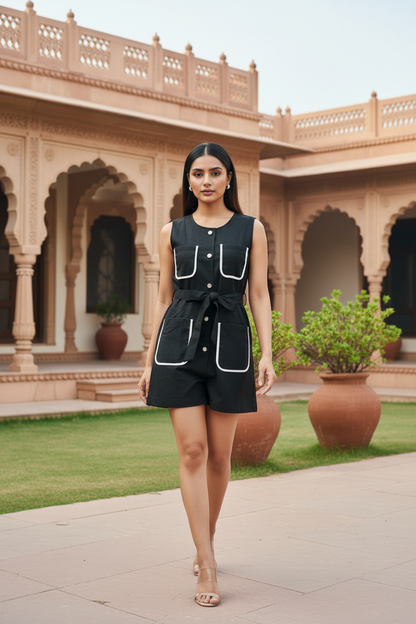 Black Front Pocket Short Dress
