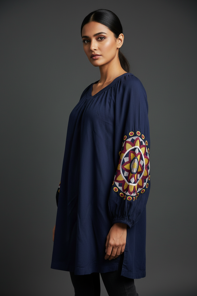 Blue Embroidered Short Kurti
