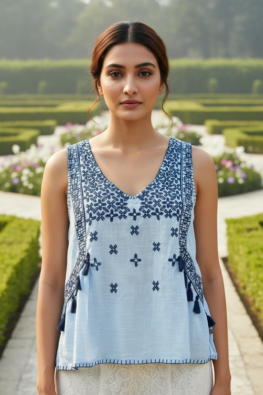 Blue Thread Work Cut Sleeves Top