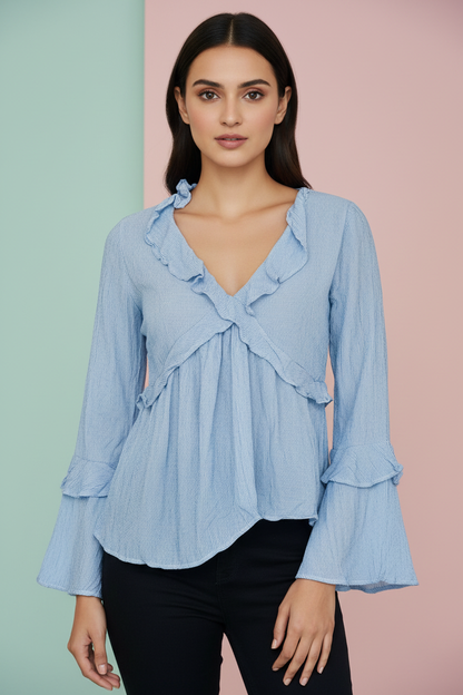Blue Full Sleeves Frill Top