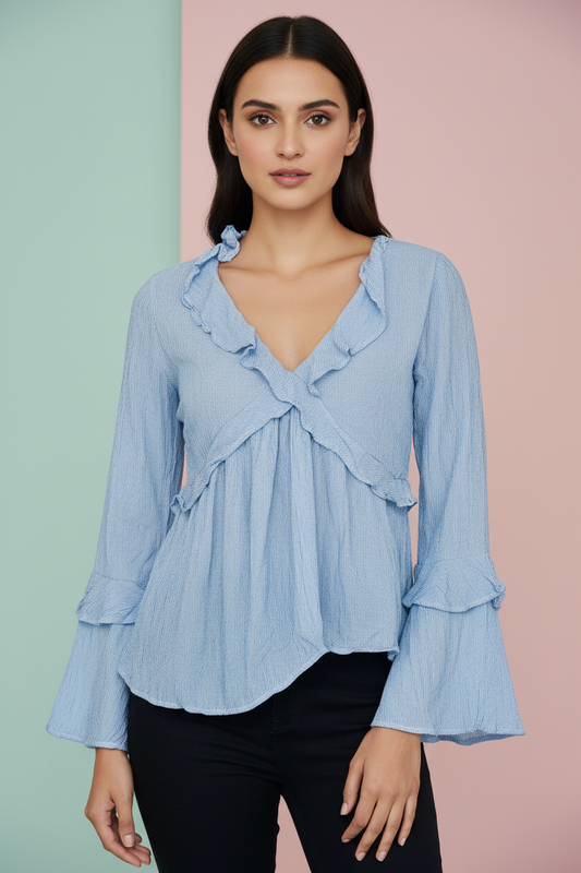 Blue Full Sleeves Frill Top